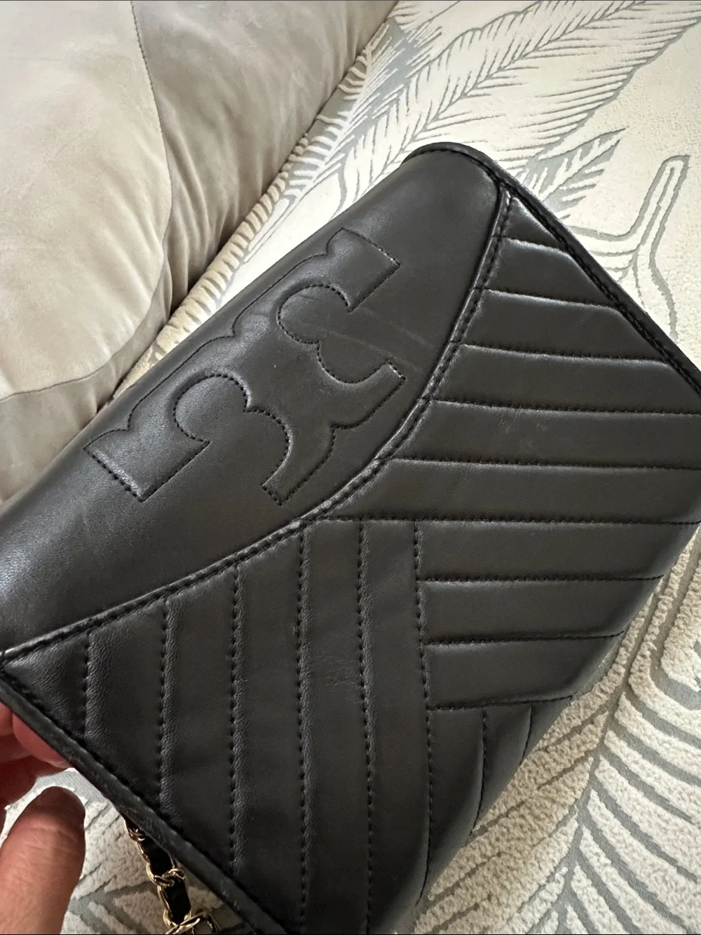 Tory Burch Black Quilted Chevron Leather Crossbody with Gold Chain Strap